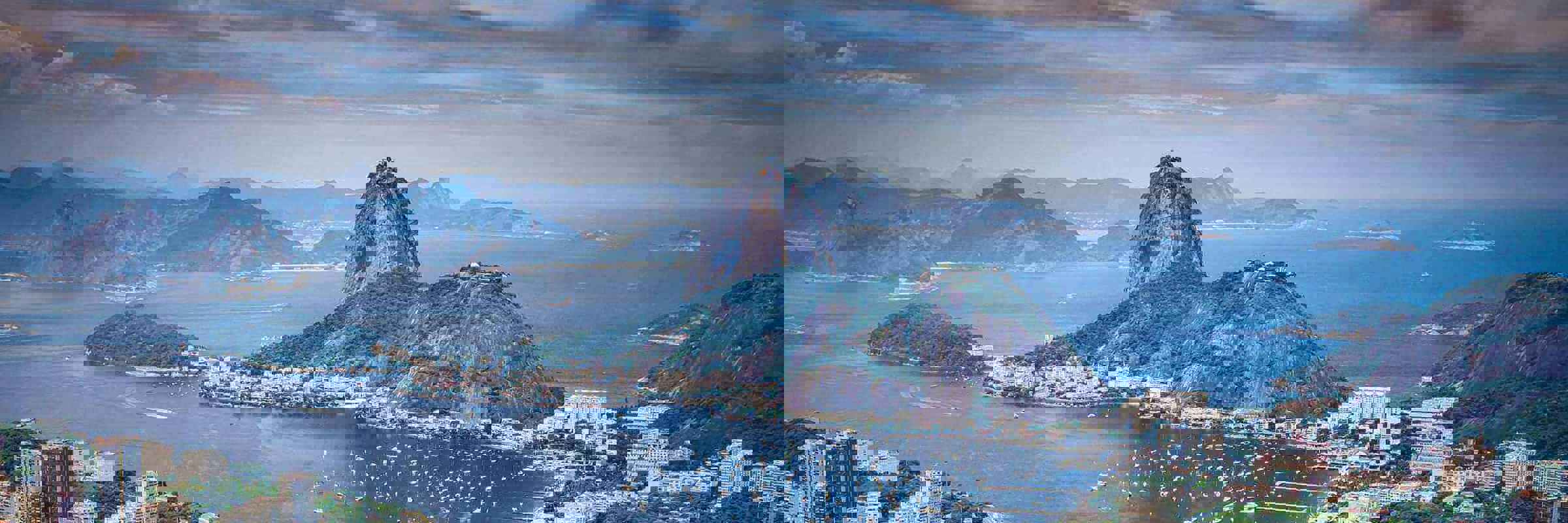 South America - Brazil, aerial view of Rio de Janeiro with Sugarloaf Mountain and the city's coastline. 