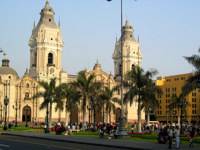 Lima's Plaza Mayor with the grand Cathedral, a colonial landmark in Peru's historic capital. 