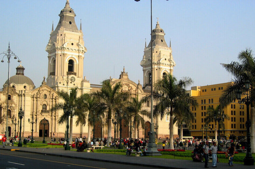 Lima's Plaza Mayor with the grand Cathedral, a colonial landmark in Peru's historic capital. 