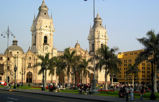 Lima's Plaza Mayor with the grand Cathedral, a colonial landmark in Peru's historic capital.