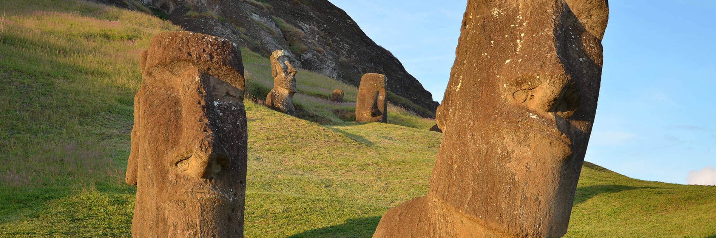 Ancient Moai statues partially buried on the grassy slopes of Rano Raraku, the volcanic quarry on Easter Island where these iconic figures were carved centuries ago. 