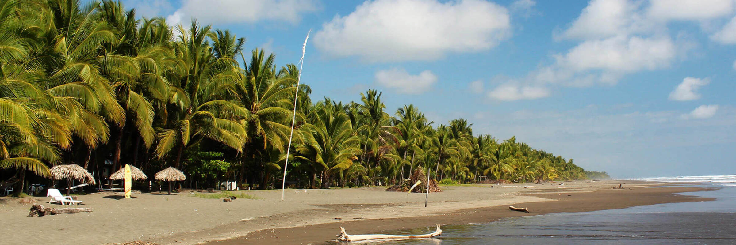Wide sandy beach lined with palm trees and shaded loungers under a bright blue sky at Playa Esterillos, Costa Rica. 