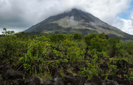 A scenic view of Arenal Volcano rising above lush green forest in Arenal National Park, Costa Rica. 
