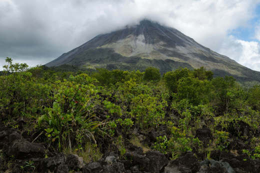 A scenic view of Arenal Volcano rising above lush green forest in Arenal National Park, Costa Rica. 