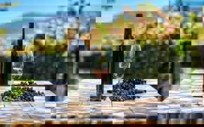 A bottle of red wine, a glass, and a cluster of grapes sit on a vineyard table with Chilean vines and hills in the background.