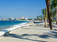View of the Malecon promenade in Puerto Vallarta, Mexico, lined with palm trees, sculptures, and Pacific coastline views. 