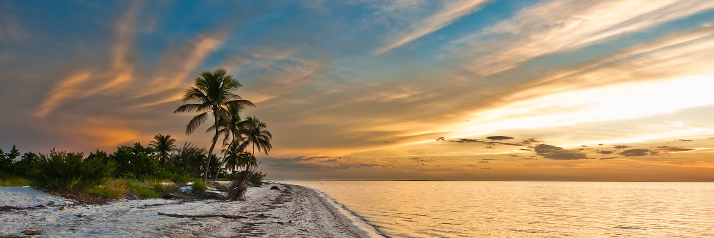 Sunset over the sandy beaches and palm trees of Holbox Island, Yucatan, Mexico, with dramatic evening sky. 