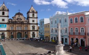 Historic Sao Francisco Church and colourful colonial buildings in Pelourinho, Salvador, Brazil. 