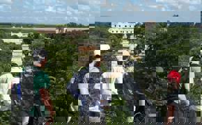 Tourists enjoying a panoramic view of the ancient Mayan ruins at Uxmal, Yucatan, Mexico, surrounded by dense green jungle. 
