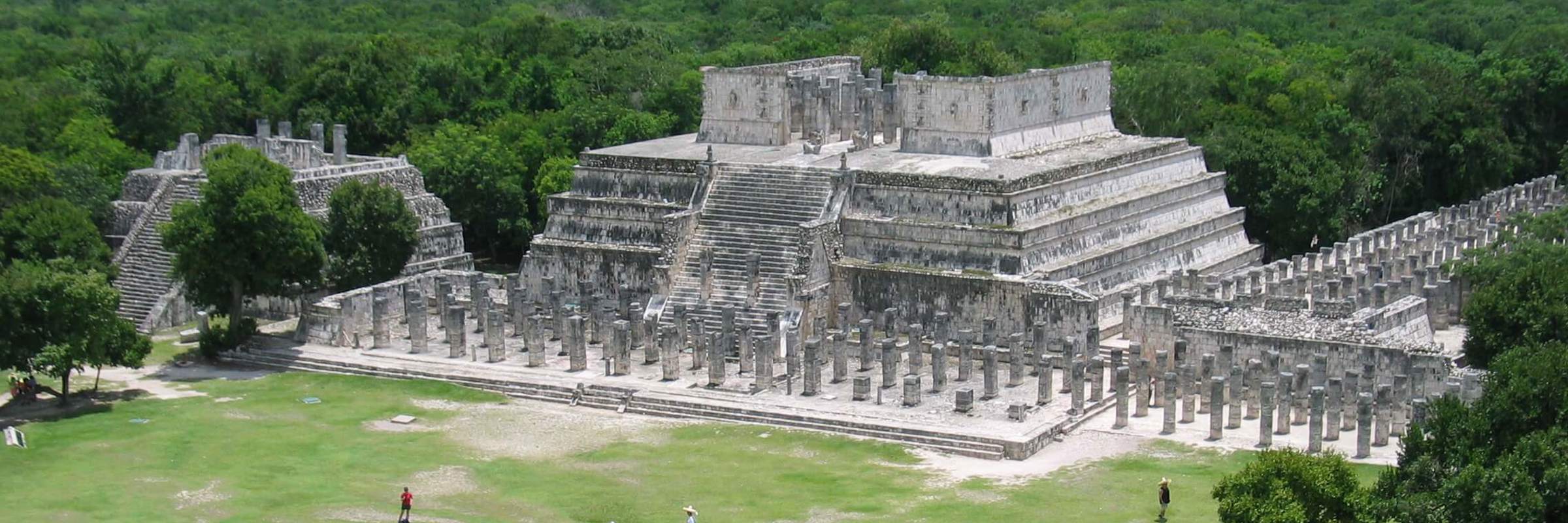 Aerial view of the  Temple of the Warriors and the Group of a Thousand Columns at Chichen Itza, Yucatan, Mexico. 