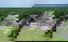 Aerial view of the  Temple of the Warriors and the Group of a Thousand Columns at Chichen Itza, Yucatan, Mexico. 