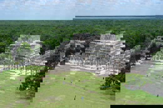 Aerial view of the  Temple of the Warriors and the Group of a Thousand Columns at Chichen Itza, Yucatan, Mexico. 