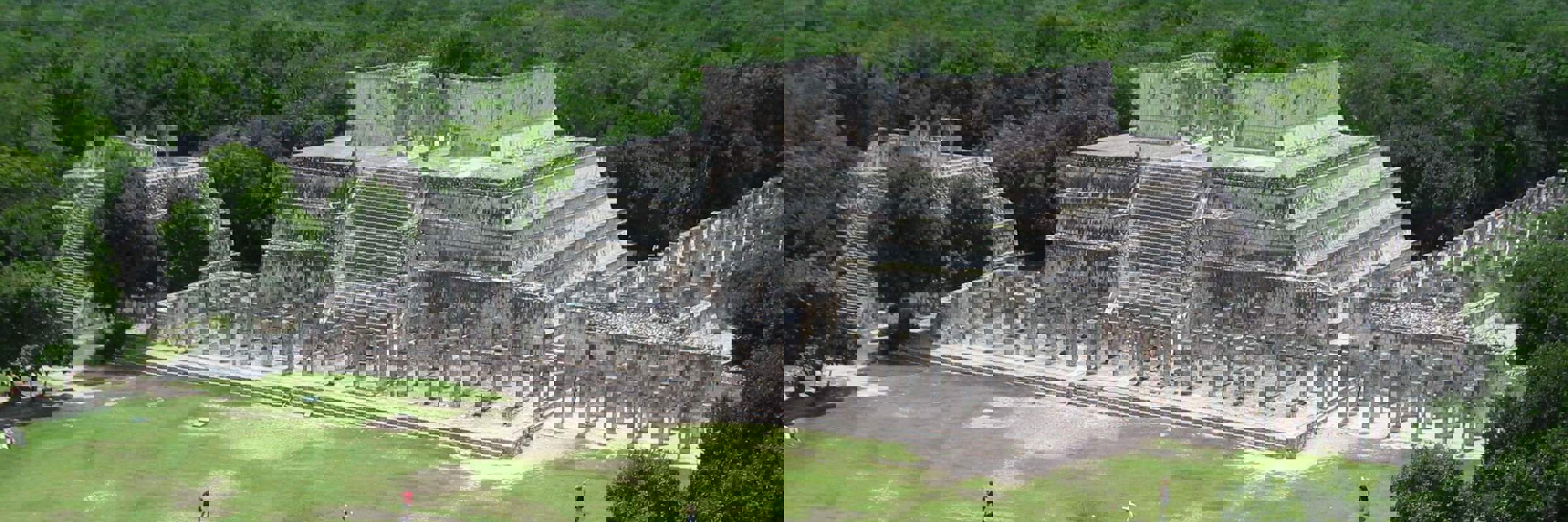 Aerial view of the  Temple of the Warriors and the Group of a Thousand Columns at Chichen Itza, Yucatan, Mexico. 