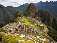 Panoramic view of Machu Picchu Inca ruins in the Andes Mountains, Peru's top historic site. 