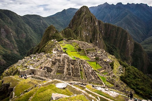 Panoramic view of Machu Picchu Inca ruins in the Andes Mountains, Peru's top historic site. 