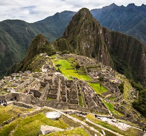 Panoramic view of Machu Picchu Inca ruins in the Andes Mountains, Peru's top historic site.
