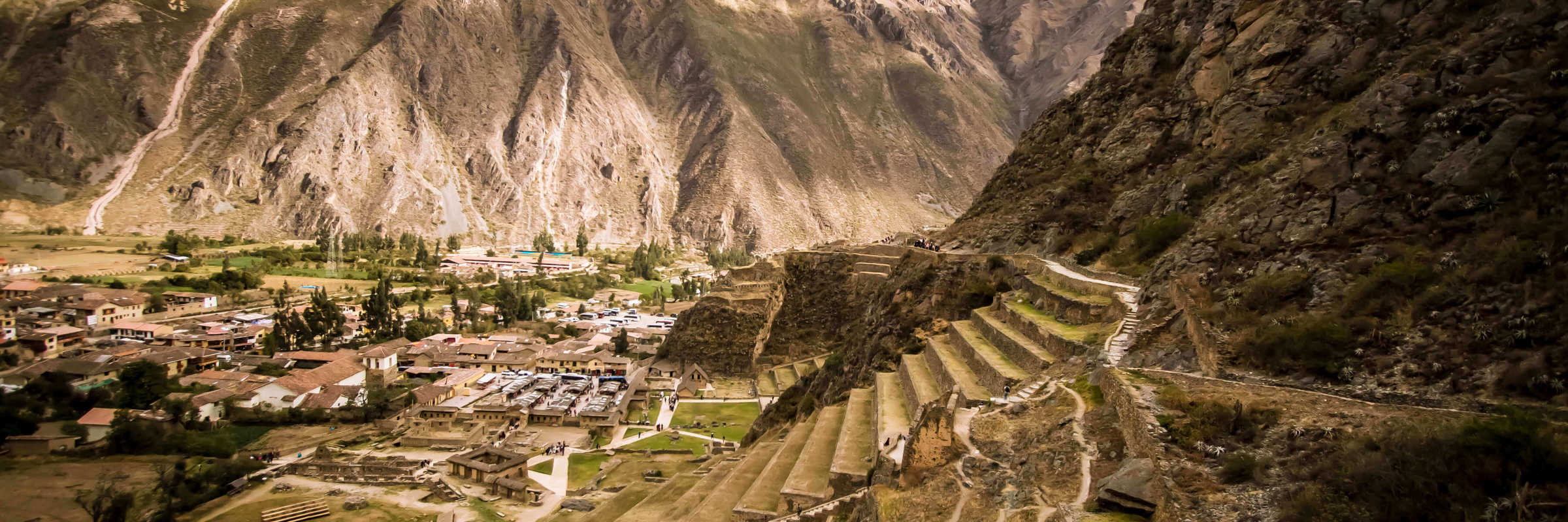 Ancient Inca terraces at Ollantaytambo archaeological site in Peru's Sacred Valley. 
