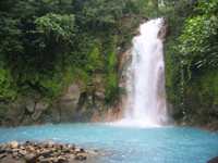 Vivid turquoise waters cascade into Rio Celeste's jungle pool in Tenorio Volcano National Park. 