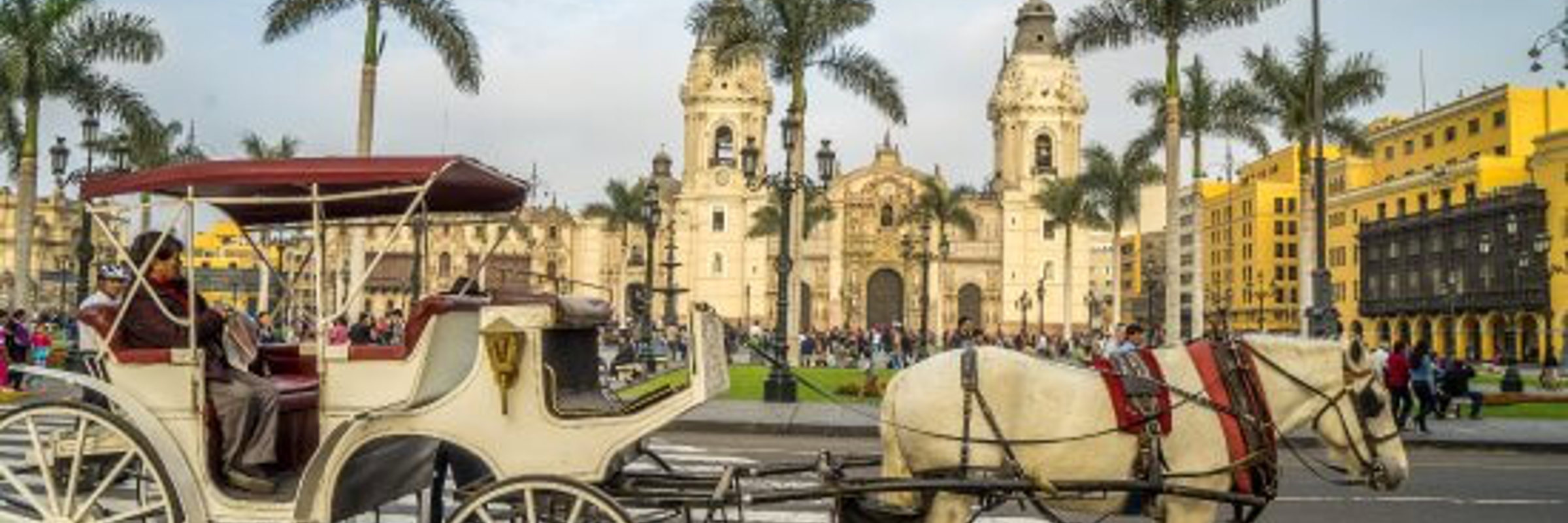 Horse-drawn carriage in Lima's Plaza de Armas with the cathedral and palm trees in view. 