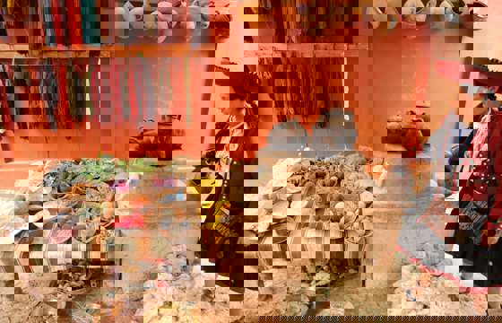 Traditional Andean weaving with natural dyes in the Sacred Valley, Peru. 