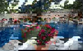 Charming Mexican hacienda with a serene pool, stone arches, and vibrant flowers in a tranquil garden setting.