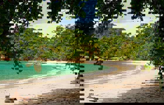 Secluded white sand beach with turquoise water and jungle backdrop at Manuel Antonio, Costa Rica.