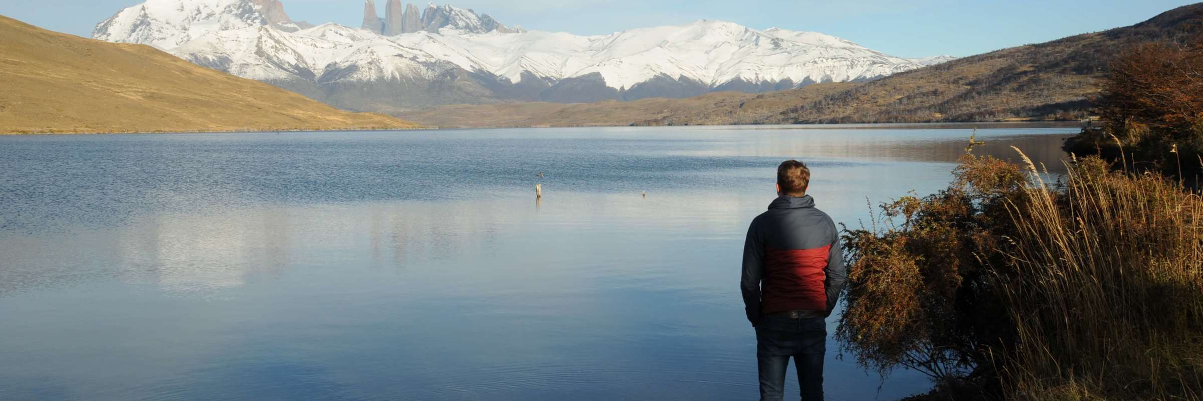 Traveler admires the reflection of the Paine Massif in a still Patagonia lake under clear skies in Torres del Paine, Chile. 