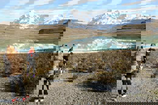 Travelers photograph the stunning mirrored reflection of Torres del Paine's peaks on a still Patagonia lake. 