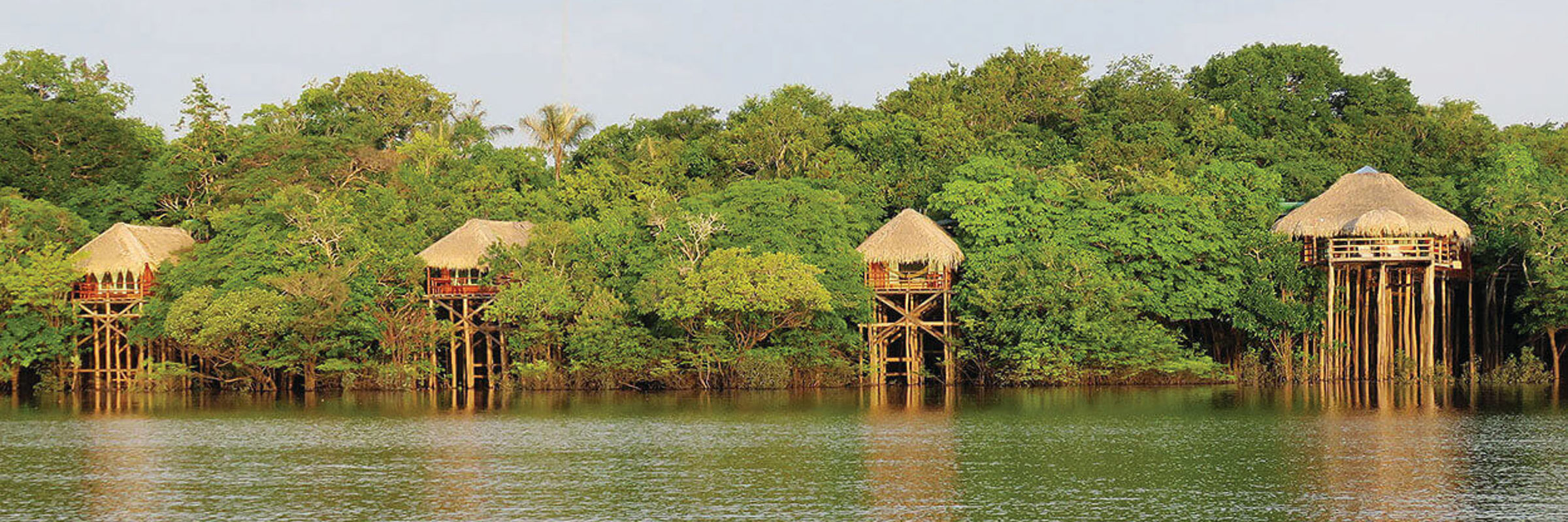 Rustic stilt lodges nestled along the water's edge in the Amazon rainforest, surrounded by lush green jungle. 