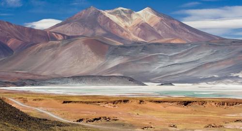 Multicolored mountains and salt flats in the Chilean Altiplano near San Pedro de Atacama. 