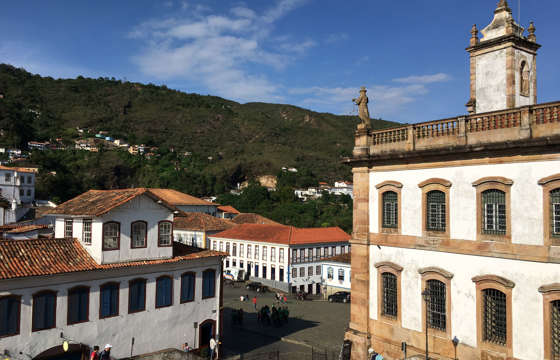 Colonial buildings around Tiradentes Square in Ouro Preto, a UNESCO-listed historic town in Minas Gerais, Brazil.
