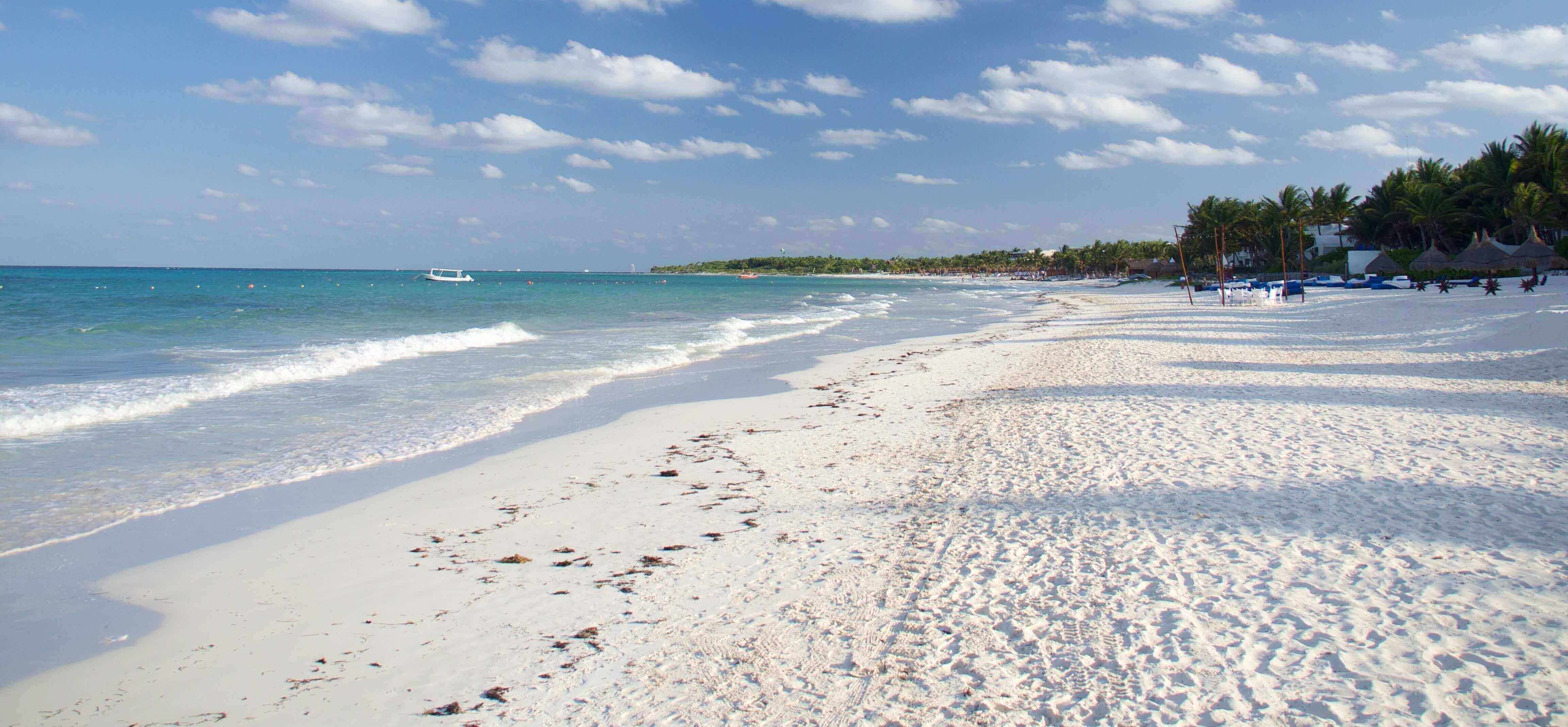 Beautiful white sand beach along the Yucatan coast in Mexico, with turquoise waters and tropical palm trees. 